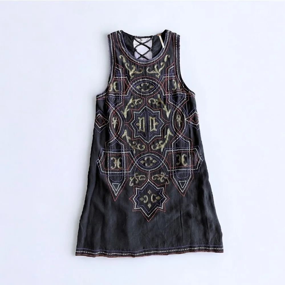 Free People Beaded Black Mandala Sleeveless Mini Dress Lace Up Back Womens Sz 2